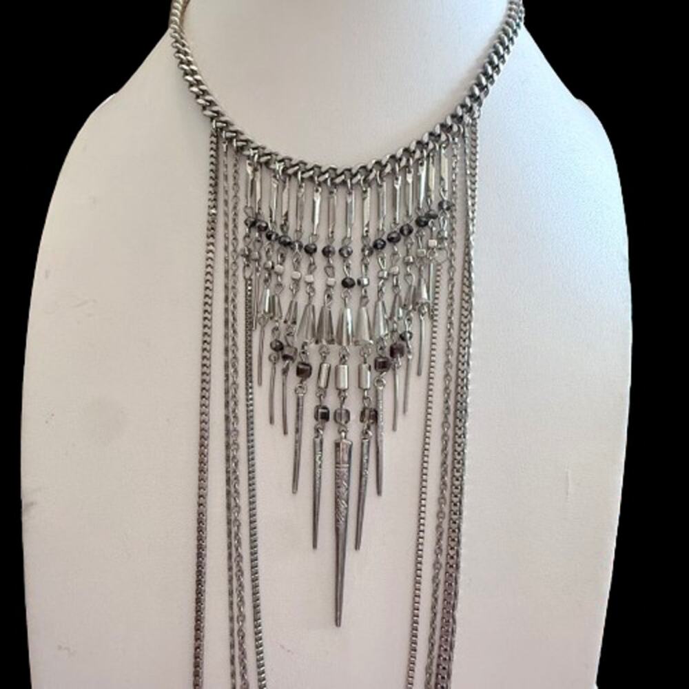 Fabulous Boho Multi Strand Tiered Long Silver Tone Necklace